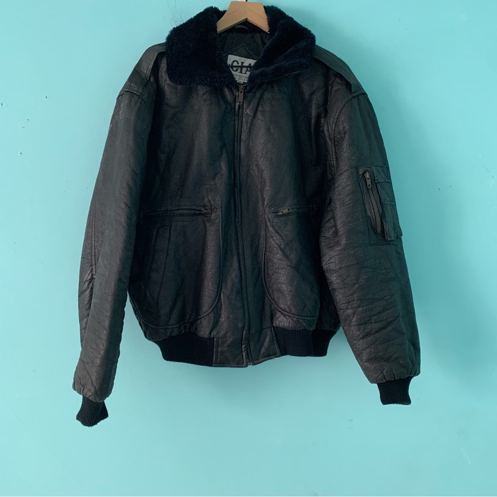 C.I.A. Vintage Faux Fur Leather Flight Aviator Bomber Jacket XL Rosie Huntington